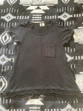 NWOT Chenault Black Short Sleeve Pocket Tee with Lace Hem